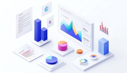 Aufkleber - Isometric data report illustration, business presentation elements, white background, clean design with charts, graphs, and key metrics