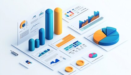 Poster - Isometric data report illustration, business presentation elements, white background, clean design with charts, graphs, and key metrics