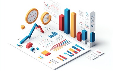 Poster - Isometric illustration of a business data report, white background, detailed presentation with graphs, charts, and metrics