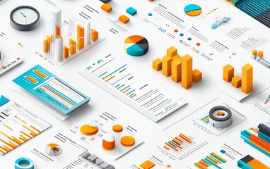 Poster - Isometric illustration of a business data report, white background, detailed presentation with graphs, charts, and metrics