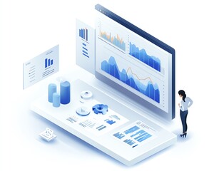 Poster - Isometric illustration of a business report, clean and professional on a white background, includes data charts and graphs
