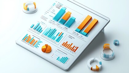 Poster - Isometric view of a business data report, isolated on white, modern and sleek design, visualizing charts and business metrics