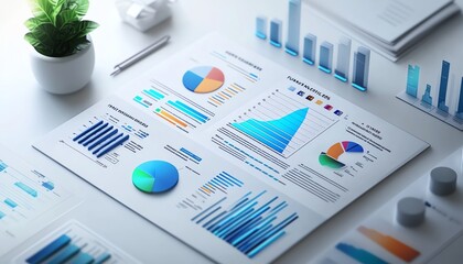 Poster - Isometric view of a business data report, isolated on white, modern and sleek design, visualizing charts and business metrics