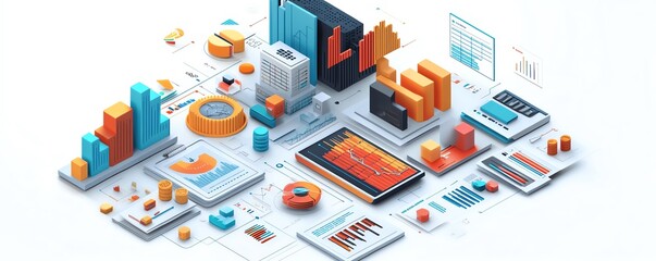Aufkleber - Isometric view of a business data presentation, isolated on white background, detailed with charts, graphs, and professional elements