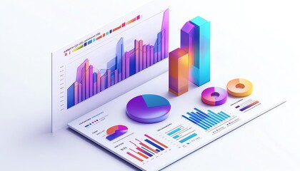 Poster - Isometric view of a business data report, isolated on white, modern and sleek design, visualizing charts and business metrics