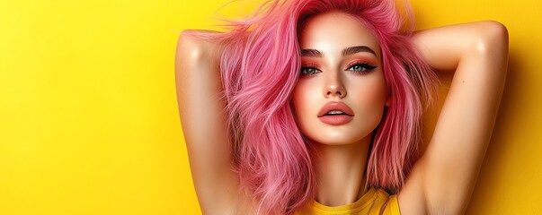 Portrait of a confident woman with pink hair, hands behind her head, striking and bold expression, vibrant hair, modern fashion