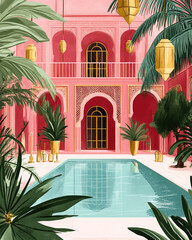 Wall Mural - the illustration graphic vector of pink turkish old building with pool in courtyard hotel