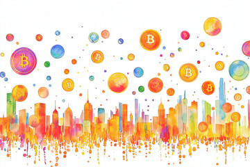 A vibrant city skyline with colorful cryptocurrency symbols floating above, symbolizing the blend of urban life and digital currencies.