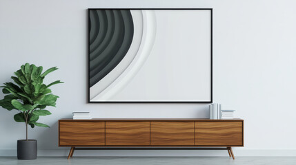 Sticker - Modern living room with a wooden console table and a framed abstract art print.