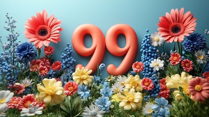 Poster - Colorful flowers surround the number 99 in a vibrant display.