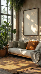 Wall Mural - Cozy living room with a large window, a comfy couch, and a blank canvas.