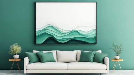 Wall Mural - A white couch with green pillows in front of an abstract green wave painting.