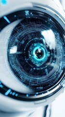 Wall Mural - futuristic, high-tech robotic eye with digital interface and blue light