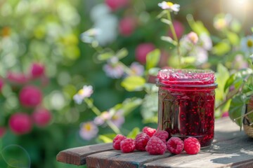 Wall Mural - A jar of raspberry jam on a wooden table in the garden, 