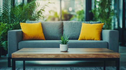 Poster - Gray sofa with yellow pillows and wooden coffee table.