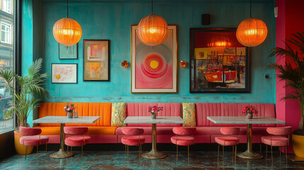 Wall Mural - A colorful and stylish restaurant with pink and orange booths.