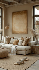 Canvas Print - A cozy living room with a white sectional sofa, beige rug, and large abstract painting.