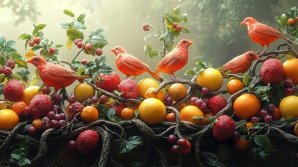 Sticker - Vibrant scene of orange birds among colorful fruits and branches.