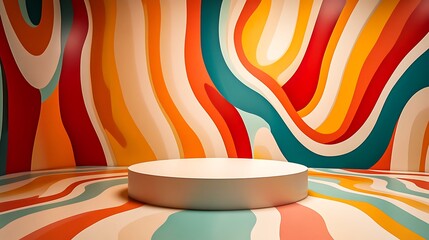 White circular podium in front of colorful abstract wavy striped background.