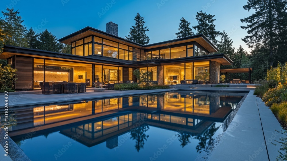 Modern luxury home exterior at dusk with illuminated swimming pool ...