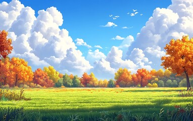 Wall Mural - Beautiful Autumn Meadow Landscape with Green Grass and Colorful Trees Under a Blue Sky with White Fluffy Clouds