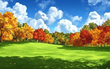 Poster - Autumn Landscape with Bright Green Grass and Colorful Trees under a Blue Sky with White Clouds