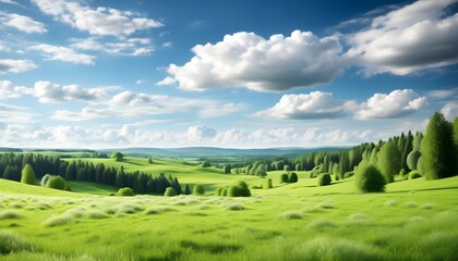 Poster - Serene meadow landscape with vibrant green fields, towering trees, and soft white clouds drifting across a bright blue sky