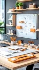 Poster - Minimalist Modern Office Desk with White and Orange Supplies.