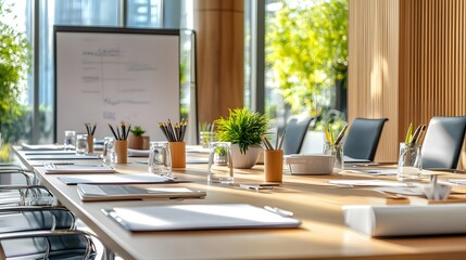 Wall Mural - Modern meeting room interior with wooden table and chairs.