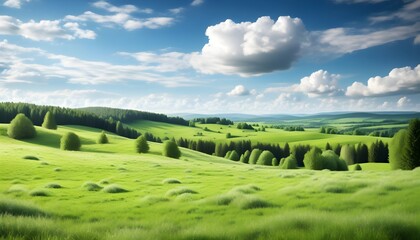 Poster - Serene meadow landscape with vibrant green fields, towering trees, and soft white clouds drifting across a bright blue sky