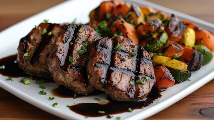 A beautifully presented plate of grilled pork medallions, topped with a balsamic glaze and served with roasted vegetables