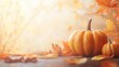 © nilanka - Pumpkins and autumn leaves on a surface low-angle view, copy space for adding text, and seasonal messages. perfect for Thanksgiving invitations, seasonal flyers, harvest festival promotions
