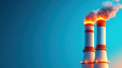 Poster - Industrial smokestacks emitting smoke against a blue sky.