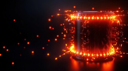 Wall Mural - Illuminated energy canister with glowing particles on a dark background.