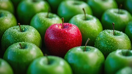 Wall Mural - A group of similar items with one clearly different or unusual object standing out, like a bright red apple among green ones.