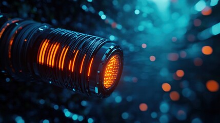 Poster - Futuristic device with glowing orange lights on a blue background.