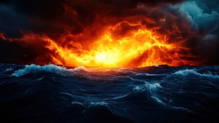 Canvas Print - Dramatic sunset over turbulent ocean waves with fiery clouds.