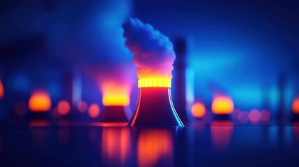 Poster - Colorful depiction of a cooling tower with steam on a dark blue background