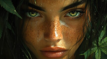 Canvas Print - Close-up portrait of a woman with striking green eyes and freckles.