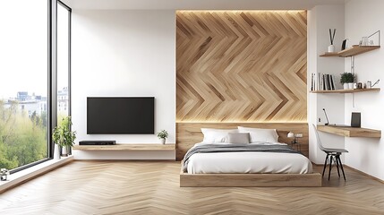 Canvas Print - Minimalist Modern Bedroom with Wooden Wall Panels and Large Window