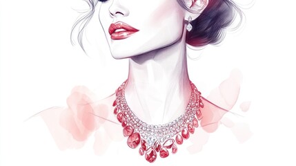 Elegant Woman with Red Gemstone Necklace Illustration