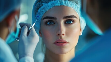 Wall Mural - plastic surgeon examining a patientâ€™s face and discussing potential surgical options and outcomes.