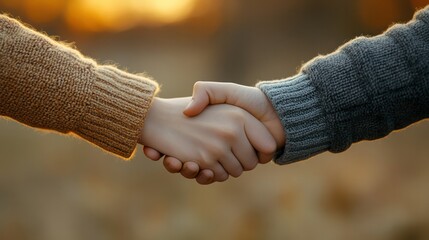 Two people shaking hands in a field