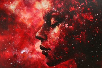 Wall Mural - Abstract digital painting of a woman's face with a cosmic galaxy background