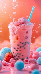 Wall Mural - Bubble tea in peach and cyan color 