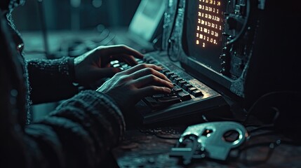 Wall Mural - a person typing on a keyboard with a display screen showing numbers and a key in the foreground