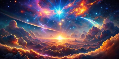 Wall Mural - vibrant cosmic scene with glowing clouds and sparks, evoking wonder, cosmic, vibrant, vibrant colors