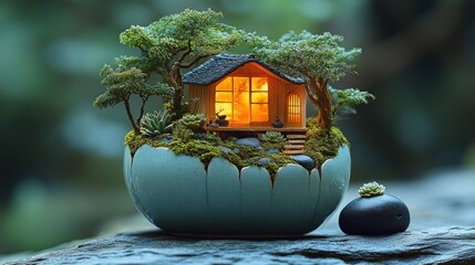 Sticker - A miniature house surrounded by lush greenery in a decorative pot.