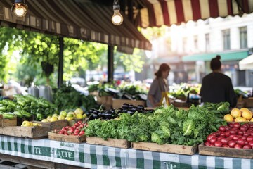 Urban farm market stall selling fresh produce. Customers are picking out vegetables and fruits