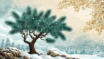 Wall Mural - Frozen glass illustration featuring a vibrant last leaf on a tree, a drifting leaf in the background, complemented by gentle snowfall in a serene winter landscape.